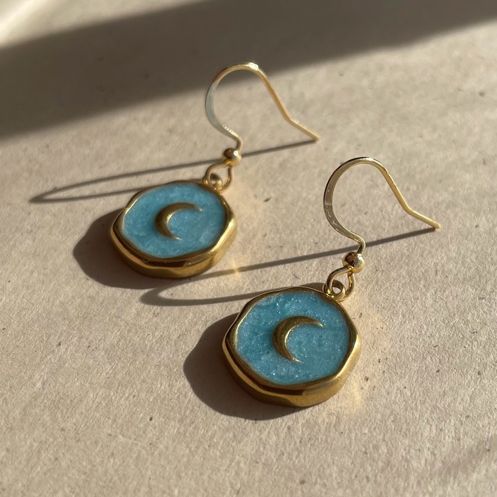 Gold Blue Moon Charm Earrings